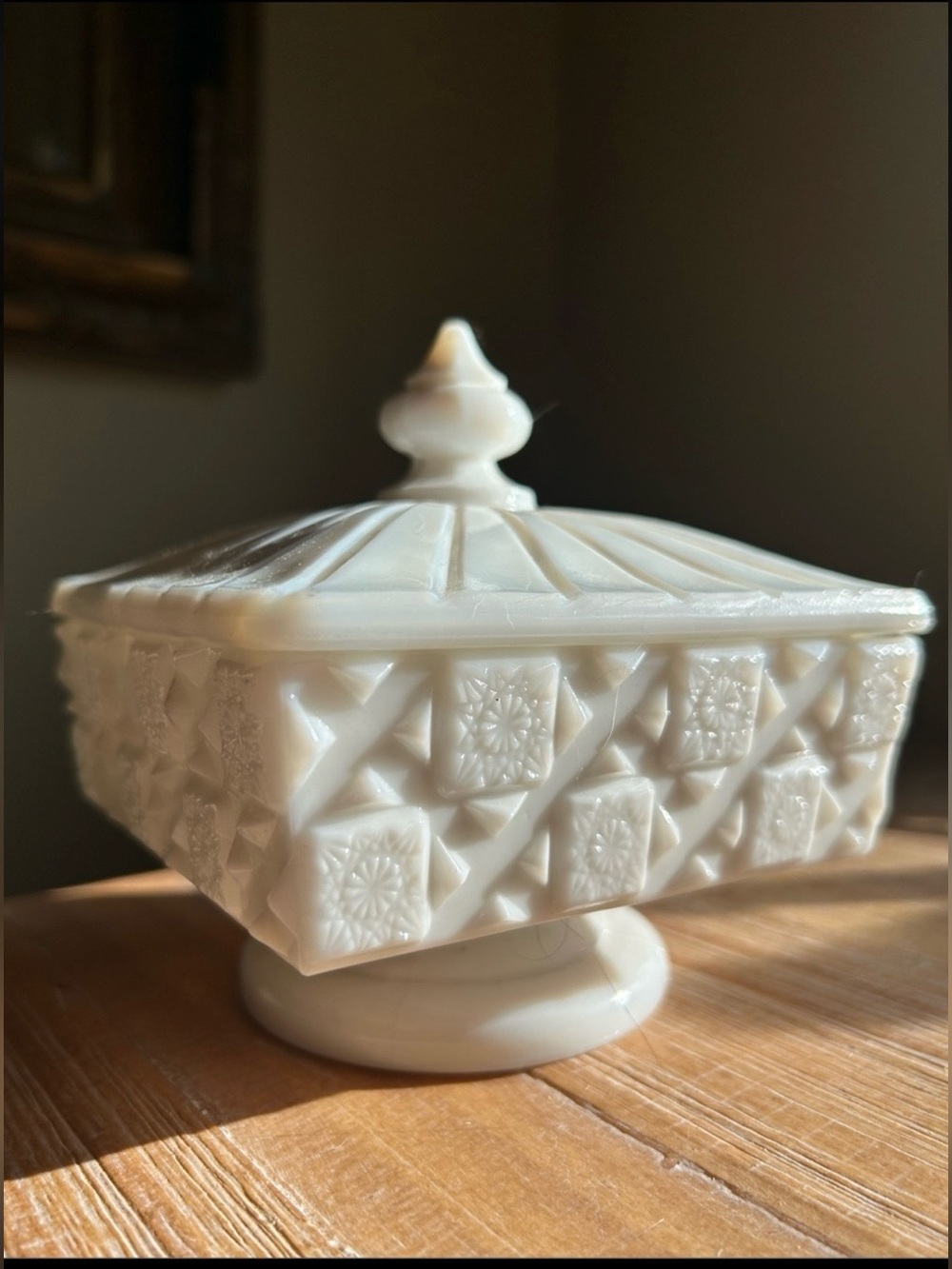 Vintage Westmoreland Milk Glass "Old Quilt" Pattern Square Pedestal Candy Dish.